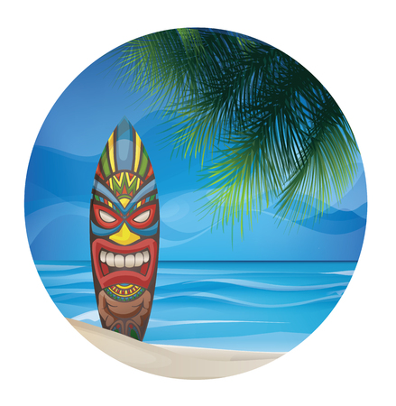 background design with Tiki warrior mask design surfboard on ocean beachの写真素材