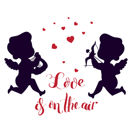 Cupids silhouettes. One with harp. Second has bow and arrow andのイラスト素材