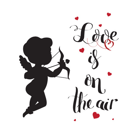 Cupid Love silhouette with bow and arrow and Love is on tのイラスト素材