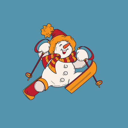 Cute character design of snowman on sky, happily jumping up to the sky. Linework and colored vector illustrationのイラスト素材