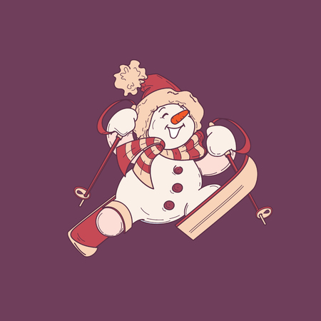 Cute smiling snowman in ski, happily jumping up to the sky Vector illustration.のイラスト素材