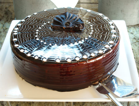 chocolate cream cake. confectioner presentation. dessert of special days