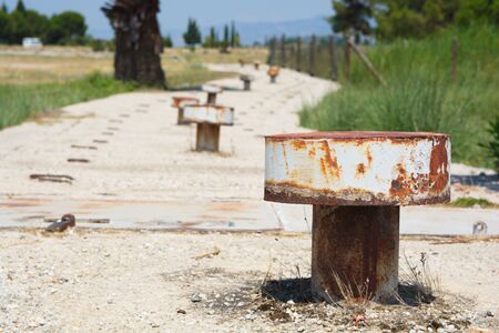 water tank chimneys. water reservoirs lined up along the lineの写真素材