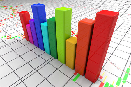 Colorful abstract bar graph with candlestick background