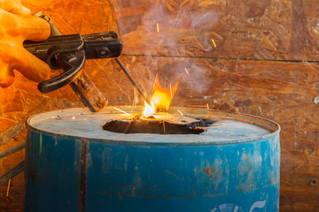 Spark light with welding Process with blue tube metal and bright sparks in steel