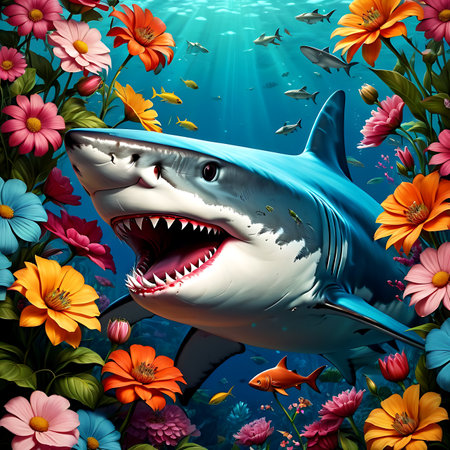 Great White Shark Surrounded by Flowers.Generative Aiの素材