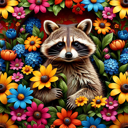 Raccoon in a Garden of Flowers.Generative Aiの素材