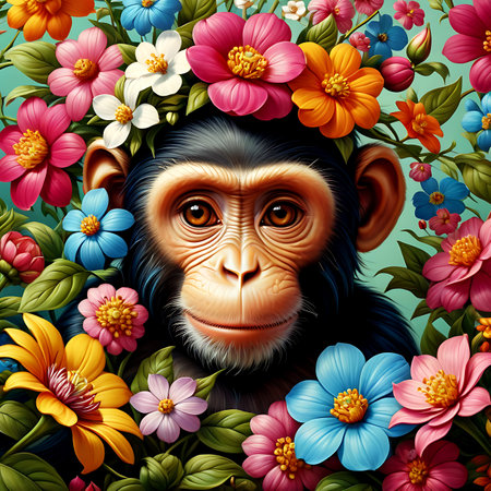 Chimpanzee with Flowers.Generative Aiの素材
