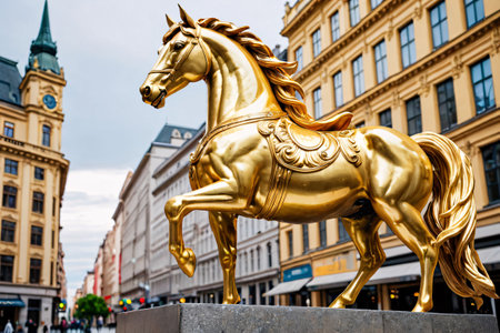 Golden Horse Statue in City Center.Generative Aiの素材