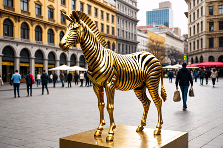 Golden Zebra Sculpture in City Street.Generative Aiの素材