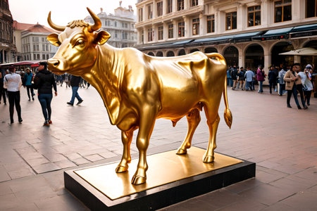Golden Cow Statue in City Square.Generative Aiの素材