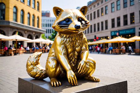 Golden Raccoon Statue in City Square.Generative Aiの素材