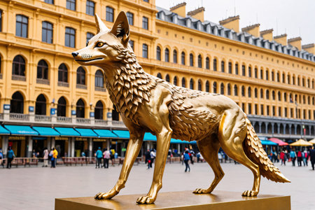 Golden Fox Statue in City Square.Generative Aiの素材