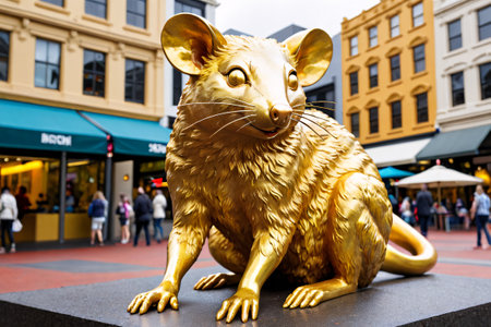 Golden Rat Statue in City Street.Generative Aiの素材