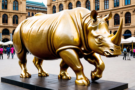 Golden Rhino Statue in City Square.Generative Aiの素材