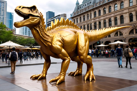 Golden Dinosaur Statue in City Square.Generative Aiの素材