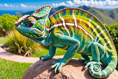 Colorful Chameleon on Rock with Mountain View.Generative Aiの素材