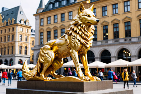 Golden Wolf Statue in European City.Generative Aiの素材