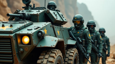 Military Convoy in Desolate Landscape, generative Aiの素材