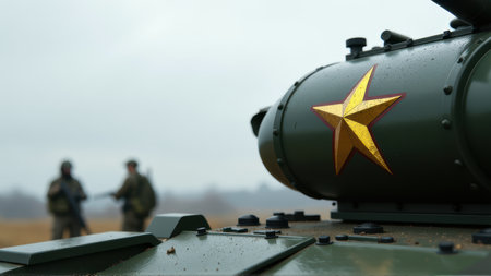 Close-up of Military Tank with Red Star Emblem and Soldiers in Background, generative Aiの素材