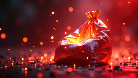 Glowing Red Treasure Bag on Dark Background, generative Aiの素材
