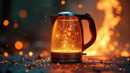 Illuminated Electric Kettle with Sparks, generative Aiの素材