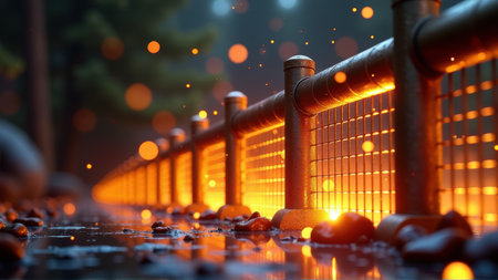 Glowing Fence  illuminated by warm lights, creating a mesmerizing and otherworldly atmosphere, generative Aiの素材