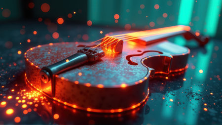 A violin adorned with glowing orange lights Suitable for music, album art, and abstract themes., generative Aiの素材
