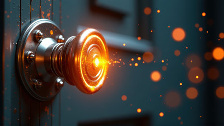 a futuristic door handle emitting a stream of glowing orange particles, generative Aiの素材