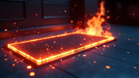 A dramatic and surreal digital artwork depicting a glowing rectangular mat seemingly on fire, generative Aiの素材