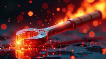 A dramatic and surreal digital artwork depicting a wrench seemingly glowing with intense orange light and sparks, generative Aiの素材