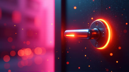 Glowing Door Handle in Neon Light, generative Aiの素材