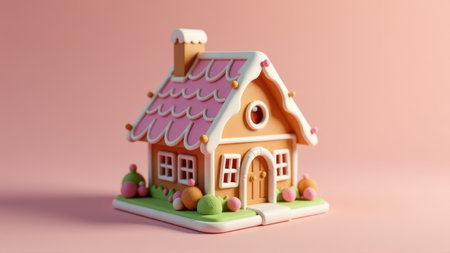 Cute Pink and Brown Gingerbread House 3D Render, generative Aiの素材