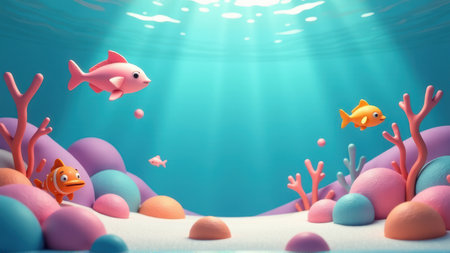 Playful Underwater Scene with Cartoon Fish and Coral, generative Aiの素材