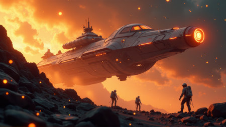 Spaceship Landing on Alien Planet at Sunset, generative Aiの素材