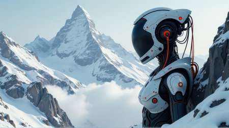 Futuristic Robot in Snowy Mountains, generative Aiの素材