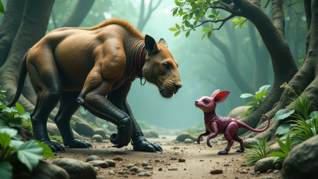 Majestic Lion and Curious Creature Encounter in Mystical Forest, generative Aiの素材