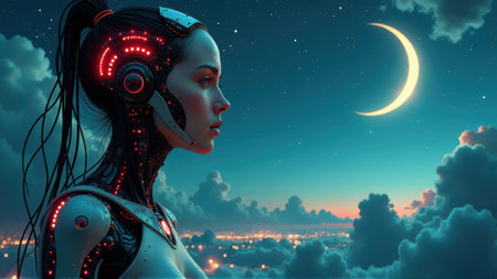 Cyberpunk Woman Contemplating Night Cityscape Under Crescent Moon, generative Aiの素材
