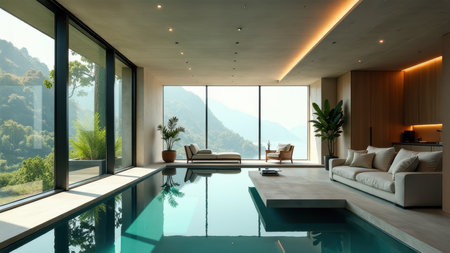 Modern Luxury Home with Indoor Pool and Mountain View, generative Aiの素材
