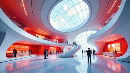 Modern Museum Interior with Skylight and Red Accents, generative Aiの素材