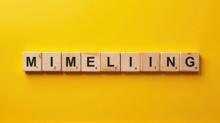 Mimicking Word Spelled with Wooden Blocks on Yellow Background, generative Aiの素材