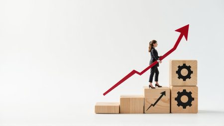 Businesswoman Climbing Stairs with Upward Arrow, Representing Growth and Success, generative Aiの素材