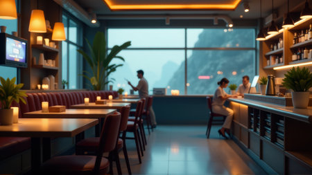 Cozy Restaurant with Mountain View at Dusk, generative Aiの素材