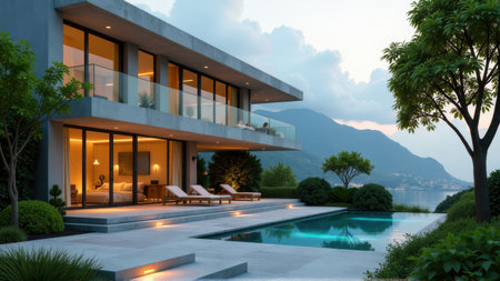 Modern Luxury Villa with Infinity Pool and Mountain View, generative Aiの素材