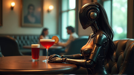 Female Robot Enjoying Cocktails at a Bar, generative Aiの素材