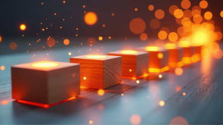 Illuminated Wooden Cubes in a Row, generative Aiの素材