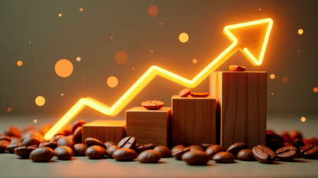 Coffee Bean Growth Chart with Neon Arrow, generative Aiの素材