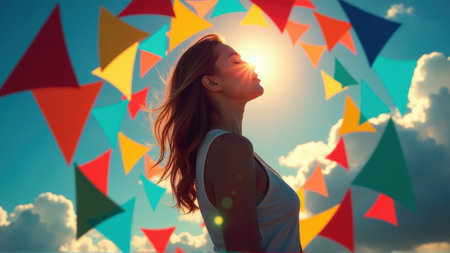 Woman Silhouetted Against Colorful Triangles and Sun, generative Aiの素材