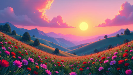 Serene Sunset Over Rolling Hills and Flower Field, generative Aiの素材