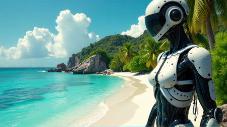 Futuristic Robot on Tropical Beach Paradise, generative Aiの素材